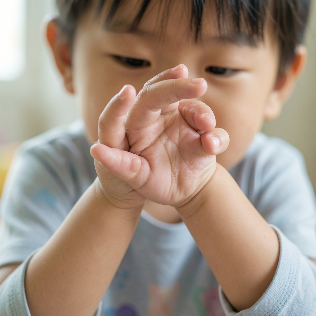 Close-up of a young child with hands clasped together in front of their face, appearing thoughtful.